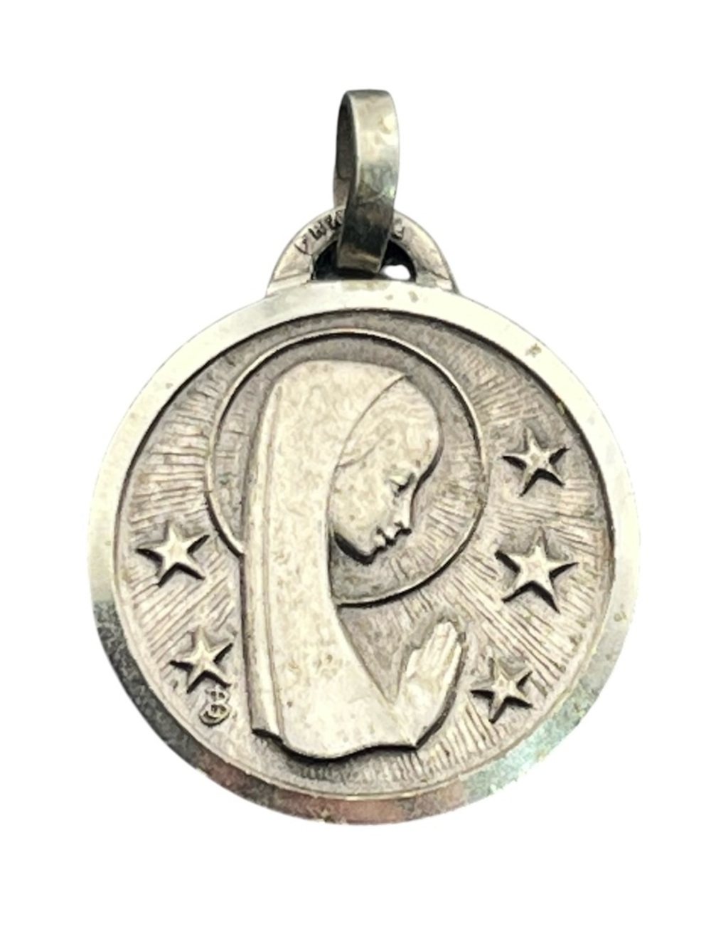 French Catholic religious pendant Our Lady of Lourdes praying silver tone stars